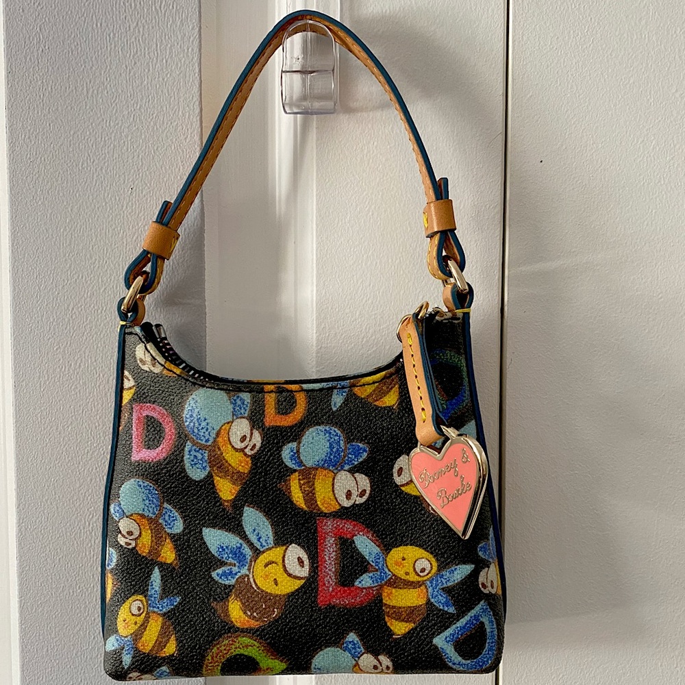 Vintage Dooney & Bourke Black Bee Print Mini Bag Pink Heart Tag Original Y2K